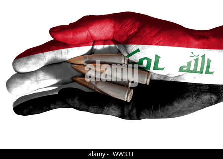 Flagge Syriens überlagert die Hand eines erwachsenen Mannes hält vier Kugeln. Konzeptbild für Krieg, Gewalt, Konflikte. Bild-isola Stockfoto