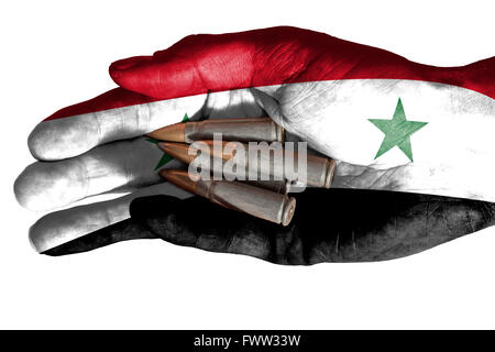 Flagge des Irak überlagert die Hand eines erwachsenen Mannes hält vier Kugeln. Konzeptbild für Krieg, Gewalt, Konflikte. Bild-isolat Stockfoto