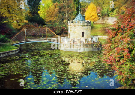 Turm in Bojnice, Herbst Park, See und bunten Bäumen. Slowakische Republik. Saisonale natürliche Szene mit See. Abbildung mit co Stockfoto