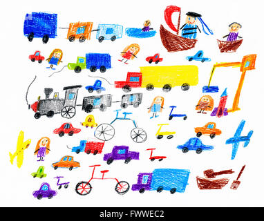 Cartoon Spiel Spielzeug und Sammlung der Personen, Kinder Zeichnungsobjekt auf Papier, hand gezeichnete Kunst Bild Stockfoto