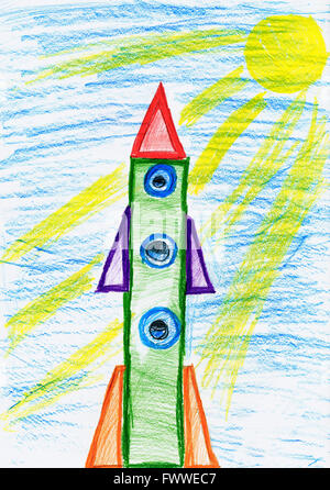 Rakete beim Start, Kinder Zeichnungsobjekt auf Papier, hand gezeichnete Kunst Bild Stockfoto