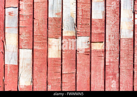 Abplatzungen roten Farbe auf senkrechte Planken an einer Außenwand. Material ist verwittert und knorrig. Stockfoto