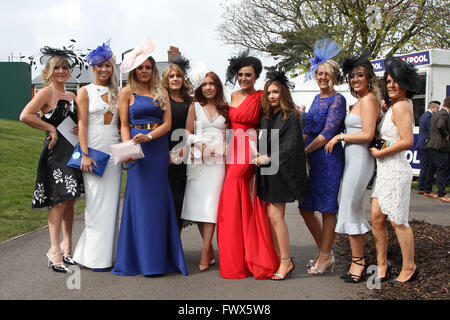 Aintree, Liverpool, UK. 8. April 2016. Crabbies Grand National Festival Tag 2. Damen Ankunft posieren für ein Foto. Bildnachweis: Aktion Plus Sport/Alamy Live-Nachrichten Stockfoto