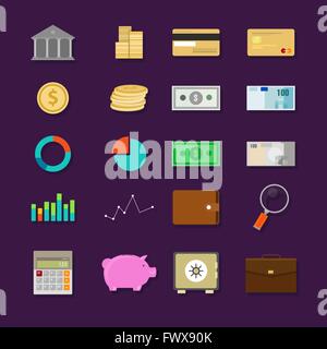 Geld Finanzen Banking Symbolsatz flach Stock Vektor