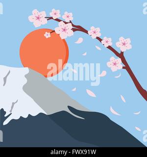 verschneiten Berg Fuji Sakura Blüte Herbst Japan Sonne Stock Vektor