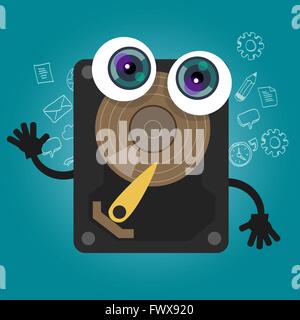 Festplatte Computer Komponente Datenbank big-Data Storage Cartoon Augen Maskottchen süß lustig Lächeln Tech Objekt Vektor Stock Vektor