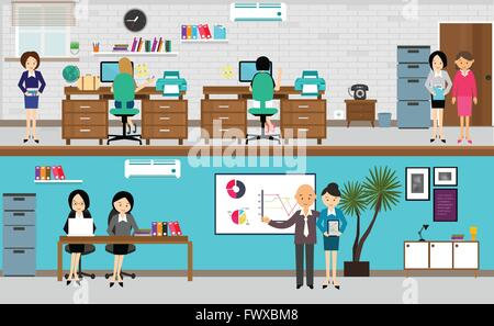 Mitarbeiter im Büro in flachen Vektor Illustration beschäftigt Teamarbeit Schreibtisch Computer stehen Präsentation Stock Vektor