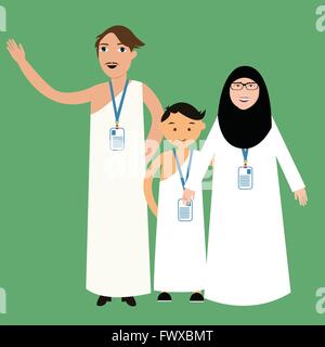 Familie Hadsch Hadsch Pilger Mann Vater Mutter Frau Kinder Islam Hijab Ihram Kleidung Vektor-illustration Stock Vektor