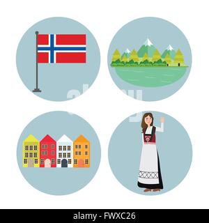 Norwegen-Symbol norwegische Flagge Gebirgsbildung und Mädchen in Tracht Kleidung Stock Vektor