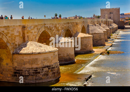 Antike römische Brücke Eingang Fluss Guadalquivir Cordoba Spanien Römerbrücke wurde im 1. Jahrhundert v. Chr. gebaut. Stockfoto