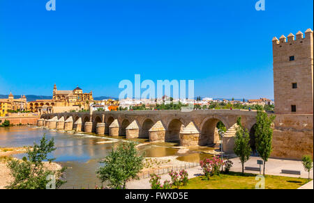 Antike römische Brücke Eingangsturm Calahorra Puerta del Puente Mezquita Fluss Guadalquivir Cordoba Spanien Stockfoto