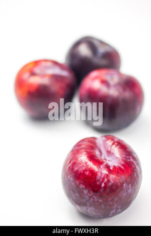 Vier frische Pflaumen auf den weißen Tisch gelegt Stockfoto