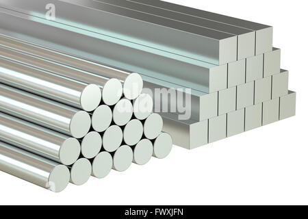 Rundstäbe und quadratische Stäbe, Rolled Metal Products. 3D-Rendering Stockfoto