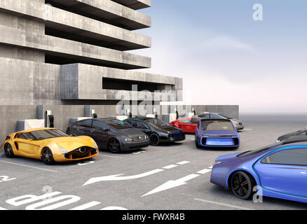 Blaue elektrische Parkplatz Parkplatz. 3D-Rendering Bild. Stockfoto