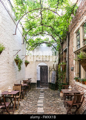 Kleine mittelalterliche Gasse namens Vlaeykensgang im Stadtzentrum von Antwerpen in Flandern, Belgien Stockfoto