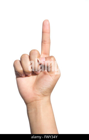 weibliche Hand berühren oder auf etwas auf dem isolierten Hintergrund zeigen Stockfoto