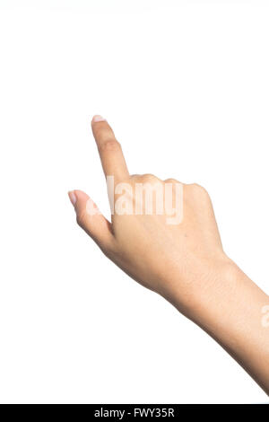 weibliche Hand berühren oder auf etwas auf dem isolierten Hintergrund zeigen Stockfoto