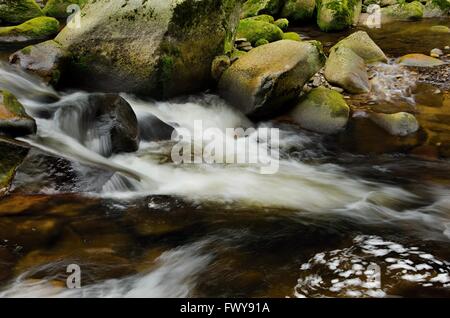 Detail des kleinen schönen Wasserfall zwischen bemoosten Steinen. Stockfoto