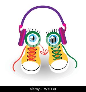 Sneaker Sport Training Schuhe Schuhwerk mit Augen Kopfhörer Stock Vektor