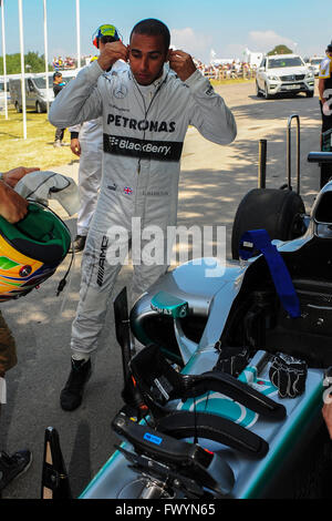 Formel eine Welt Champion Fahrer Lewis Hamilton während des Festival of Speed-Events 2013 statt, bei dem Goodwood Estatein Sussex Uk Stockfoto