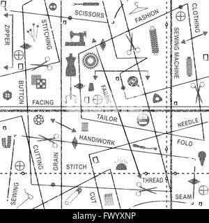 Hand gezeichnet konzeptionelle nahtlose Muster mit Nähen und schneidern, Symbole und Wörter Stock Vektor