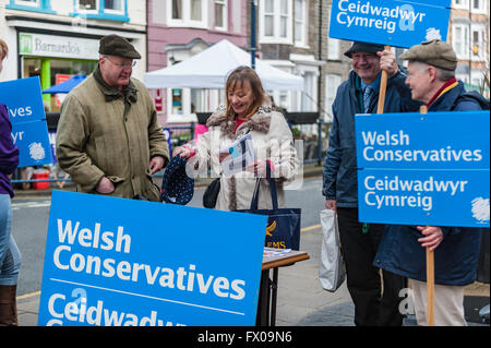 Ceredigion, West Wales, Aberystwyth, UK 9. April 2016 Wahlwerbung beginnt im ernst. ELIZABETH EVANS (Lib Dem), ELIN JONES (Plaid Cymru), Dr. FELIX AUBEL (konservativ) alle auf den Straßen von Aberystwyth Town an diesem Wochenende als 2016-Kampagne für die walisische nehmen bekommt wirklich und wahrhaftig im Gange. Es verspricht eine enge schwer gewonnen Wahl in diesem Jahr. Bildnachweis: Veteran Fotografie/Alamy Live-Nachrichten Stockfoto