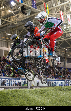 Nationalen Cycling Centre, Manchester, UK. 9. April 2016. UCI BMX Supercross World Cup Tag 1. Renaud Blanc. © Aktion Plus Sport/Alamy Live-Nachrichten Stockfoto