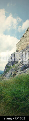 Burgmauer in den Fels und Rasen im Vordergrund, vertikale erschossen. Stockfoto