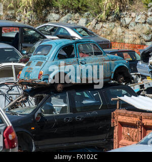 Autos, die ihr Leben beendet haben, sind jetzt für das recycling möglich, im ganzen oder in Teilen davon angesammelt. Stockfoto