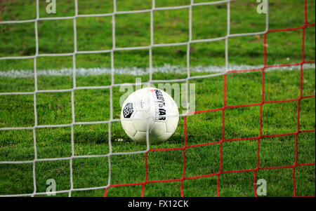 Sport, Fußball, Symbolik, Ball liegt auf dem Rasen, Fußballtor, Linie, Ziel netto Stockfoto