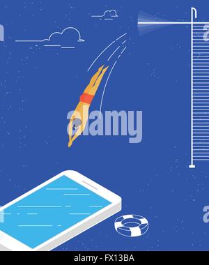 Mann springt in die Smartphone konzeptionelle Darstellung der sozialen Netzwerke und Inhalte konsumieren Stock Vektor