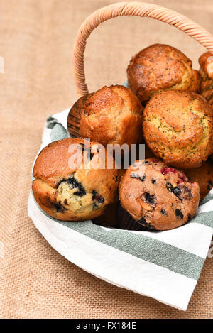 Korb mit frisch gebackenen Muffins. Heidelbeere, Cranberry, Zitrone Mohn gehören zu den Sorten gezeigt. Stockfoto