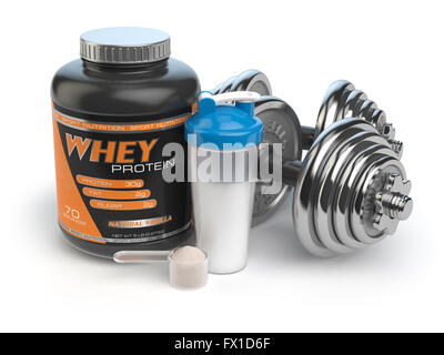 Sport-Bodybuilding-Ergänzungen oder Ernährung. Fitness oder gesunden Lifestyle-Konzept. Wheyprotein mit Hanteln und Shaker.  3D Stockfoto