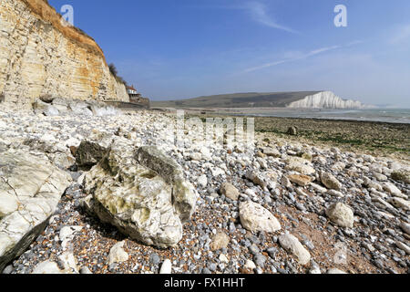 Blick auf die sieben Schwestern aus Cuckmere Haven, East Sussex, England, UK. Stockfoto
