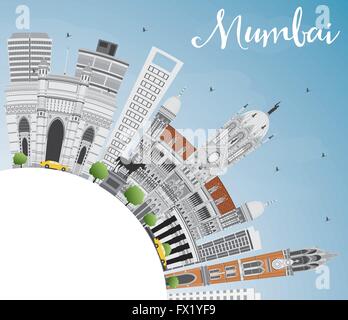 Skyline von Mumbai mit grauen Wahrzeichen und blauer Himmel. Vektor-Illustration. Geschäftsreisen und Tourismus-Konzept mit Textfreiraum. Stock Vektor