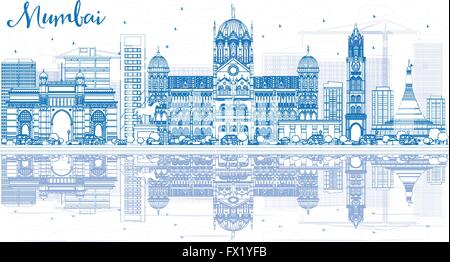 Skyline von Mumbai mit blauen Wahrzeichen und Reflexionen zu skizzieren. Vektor-Illustration. Geschäftsreisen und Tourismus-Konzept Stock Vektor