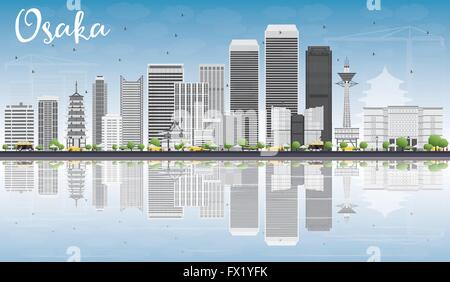 Osaka Skyline mit grauen Gebäuden, blauer Himmel und Reflexionen. Vektor-Illustration. Wirtschaft und Tourismus-Konzept Stock Vektor