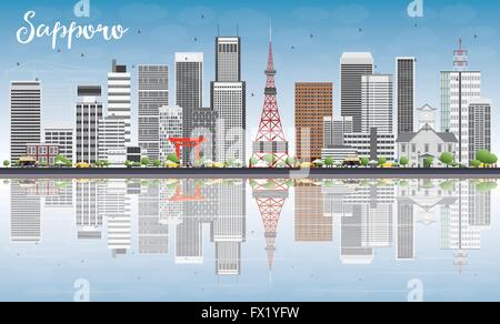 Sapporo Skyline mit grauen Gebäuden, blauer Himmel und Reflexionen. Vektor-Illustration. Wirtschaft und Tourismus-Konzept Stock Vektor