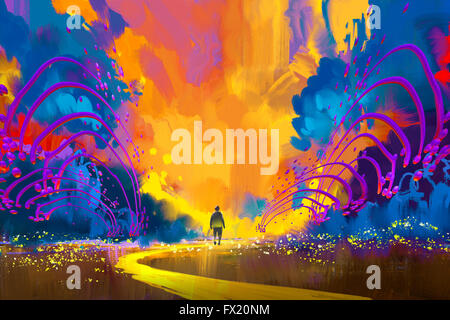Mann zu Fuß um bunte Landschaft, Illustration, Malerei abstrakt Stockfoto