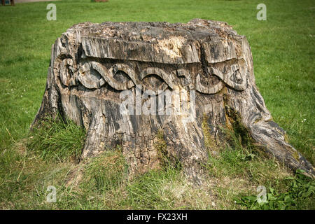 GESCHNITZTE BAUMSTUMPF, LOUGH KEY FOREST PARK, IRLAND - 11. JUNI 2007. Alten Baum Stup mit keltischen Typ schnitzen. Stockfoto