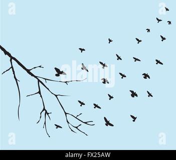 Vektor-Illustration der Vögel fliegen und Baum-Zweig Stock Vektor