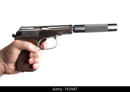 Silber Makarov Pistole mit schwarzem Schalldämpfer Stockfoto
