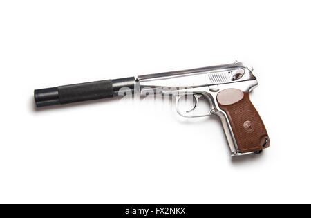 Silber Makarov Pistole mit schwarzem Schalldämpfer Stockfoto