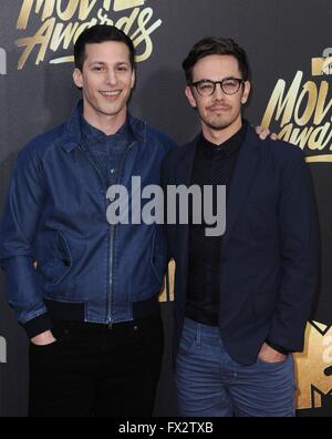 Burbank, CA. 9. April 2016. Andy Samberg im Ankunftsbereich für MTV Movie Awards 2016 - Ankünfte 2, Warner Bros.-Studios, Burbank, CA 9. April 2016. Bildnachweis: Dee Cercone/Everett Collection/Alamy Live-Nachrichten Stockfoto