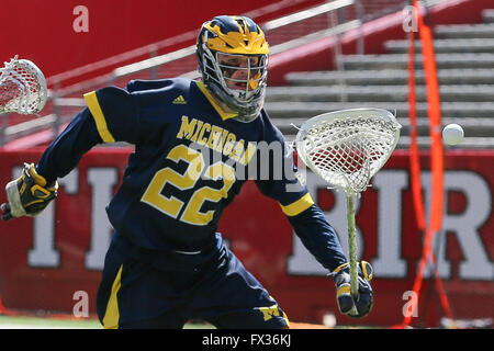 Piscataway, NJ, USA. 10. April 2016. Ufer Gerald Logan (22) versucht, den Ball zu kontrollieren, während eine NCAA Lacrosse-Spiel zwischen den Michigan Wolverines und der Rutgers Scarlet Knights High Point Solutions Stadium in Piscataway, New Jersey. Nr. 18 Rutgers besiegte Michigan, 13-6. Mike Langish/Cal-Sport-Medien. © Csm/Alamy Live-Nachrichten Stockfoto