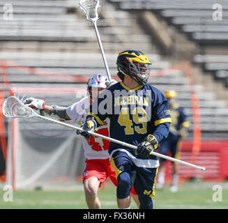 Piscataway, NJ, USA. 10. April 2016. Ufer Chase Braun (49) schaut, um ein Spiel zu machen, während eine NCAA Lacrosse Spiel zwischen den Michigan Wolverines und der Rutgers Scarlet Knights High Point Solutions Stadium in Piscataway, New Jersey. Nr. 18 Rutgers besiegte Michigan, 13-6. Mike Langish/Cal-Sport-Medien. © Csm/Alamy Live-Nachrichten Stockfoto