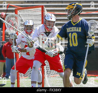 Piscataway, NJ, USA. 10. April 2016. Ufer Ian King (10) sieht um bei einem NCAA Lacrosse-Spiel zwischen der Michigan und der Rutgers Scarlet Knights High Point Solutions Stadium in Piscataway, New Jersey zu übergeben. Nr. 18 Rutgers besiegte Michigan, 13-6. Mike Langish/Cal-Sport-Medien. © Csm/Alamy Live-Nachrichten Stockfoto