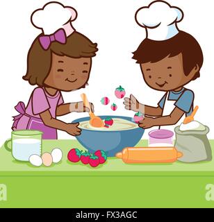 Kinder kochen zu Hause in der Küche. Kinder mit Kochmützen backen einen Kuchen. Vektorabbildung Stock Vektor
