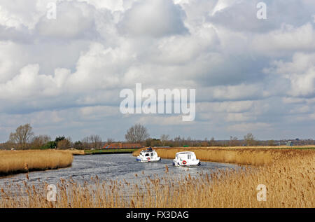 Zwei Kreuzer auf den Norfolk Broads auf dem Fluss Bure unter einem bedrohlichen Himmel in der Nähe von Stracey Arme, Norfolk, England, UK. Stockfoto