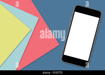 Schwarz Smartphone mit leeren Bildschirm, Design oder Kopie hinzuzufügen. Bunte Materialdesign im Hintergrund Stockfoto